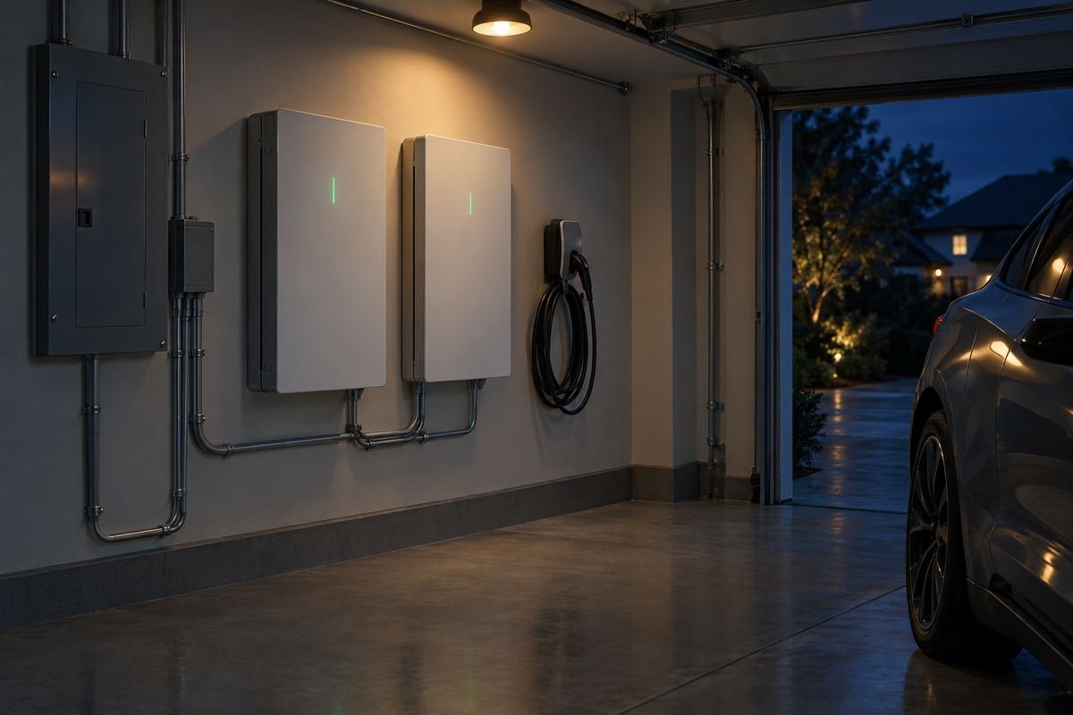 Two wall-mounted home batteries and an EV charger in a garage at night